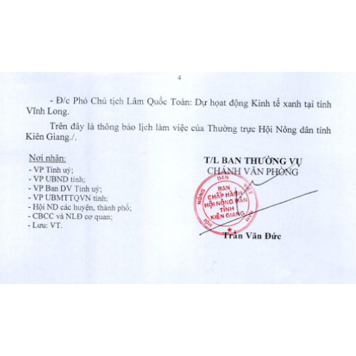 Lịch Làm Việc Của Thường Trực Hội Nông Dân Tỉnh Kiên Giang (01/11 - 15/11/2024)